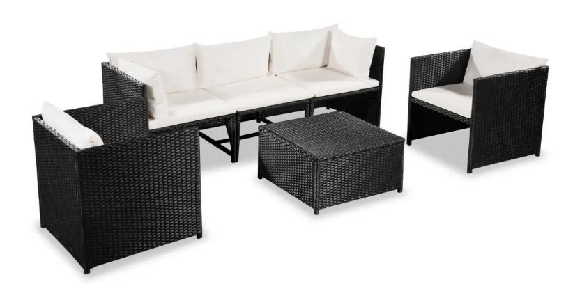 Salon de jardin 6 pièces résine tressée noir et coussins blanc Hiel - Photo n°1