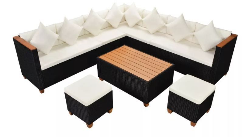 Salon de jardin 6 pièces résine tressée noir et coussins blanc Kimberly 2 - Photo n°1