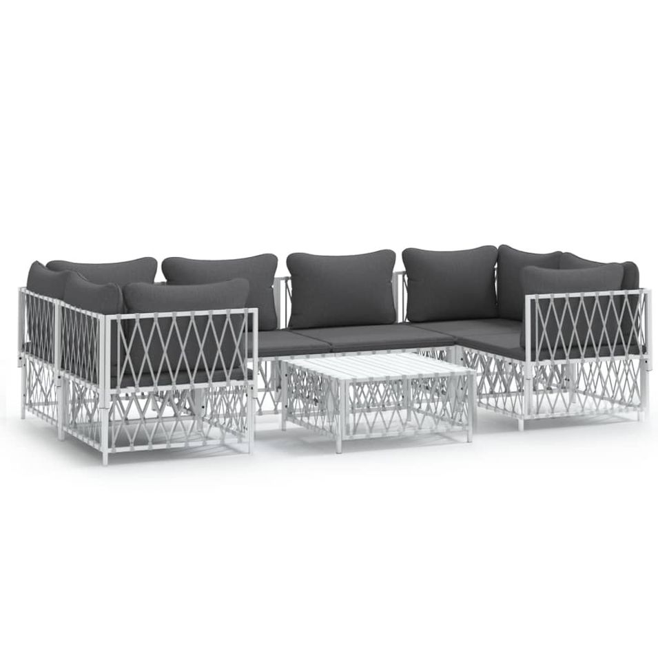 Salon de jardin 7 pcs avec coussins blanc acier - Photo n°1