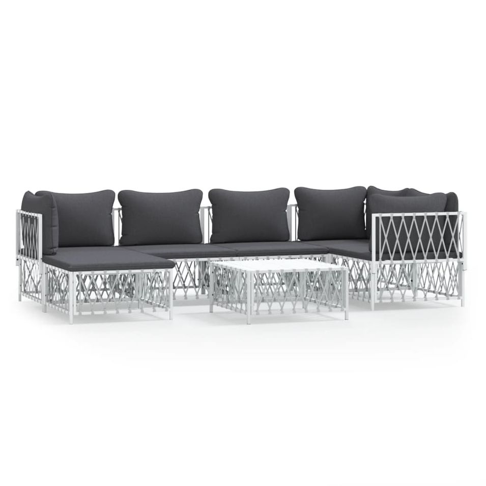 Salon de jardin 7 pcs avec coussins blanc acier - Photo n°1