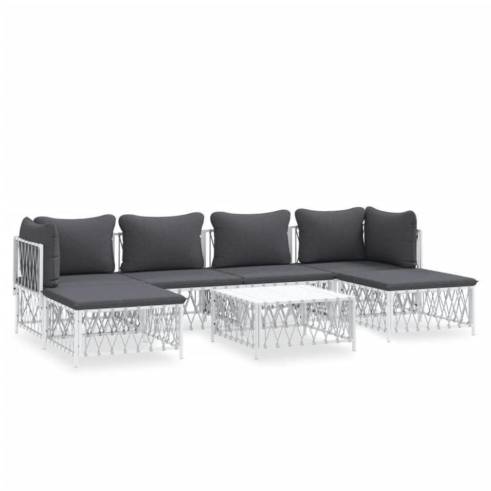 Salon de jardin 7 pcs avec coussins blanc acier - Photo n°1