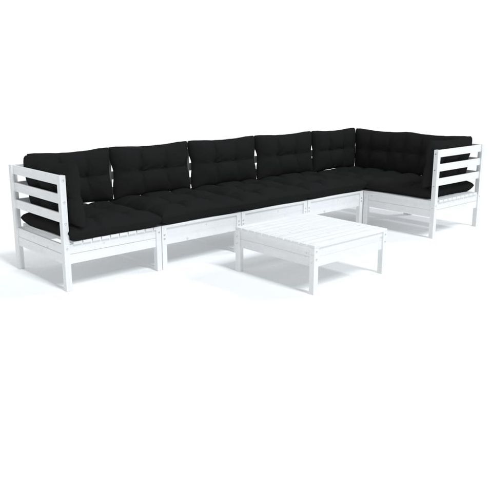 Salon de jardin 7 pcs avec coussins Blanc Bois de pin - Photo n°1
