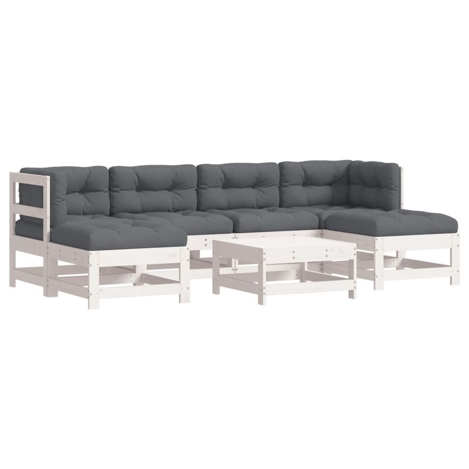 Salon de jardin 7 pcs avec coussins blanc bois massif - Photo n°1
