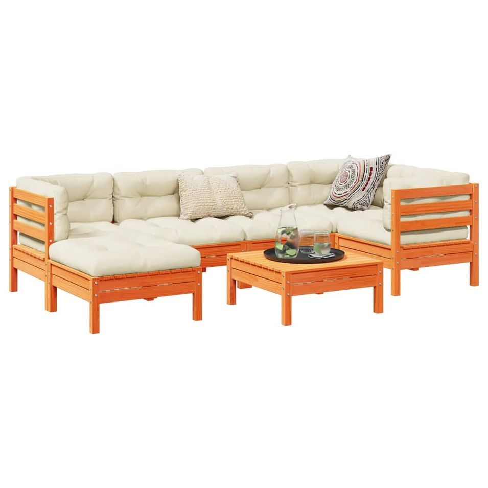 Salon de jardin 7 pcs avec coussins cire marron bois pin massif - Photo n°1