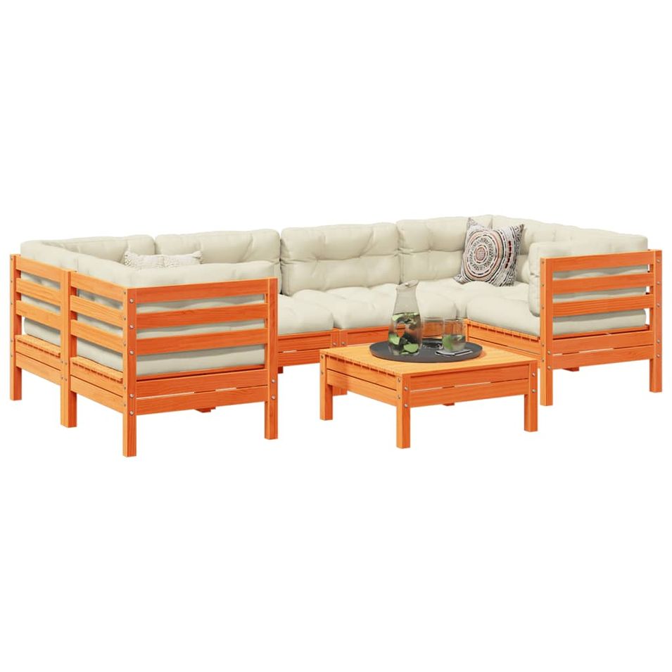 Salon de jardin 7 pcs avec coussins cire marron bois pin massif - Photo n°1