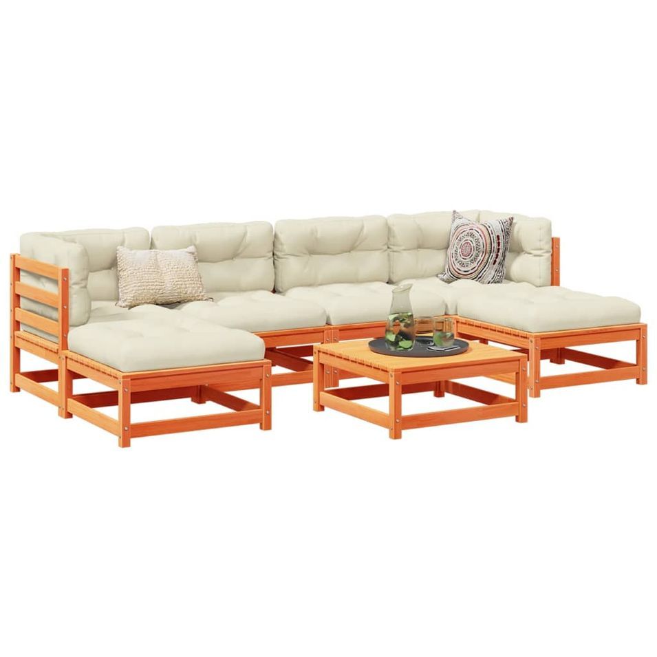 Salon de jardin 7 pcs avec coussins cire marron bois pin massif - Photo n°1