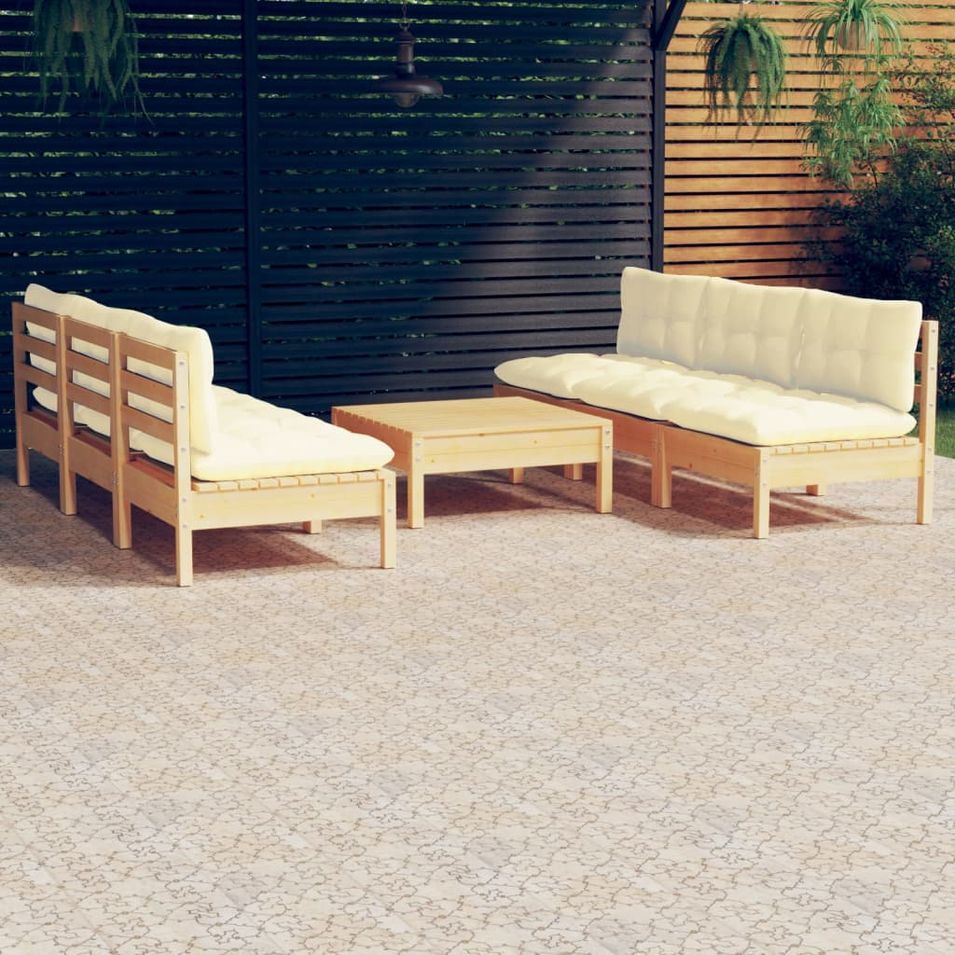 Salon de jardin 7 pcs avec coussins crème bois de pin - Photo n°1