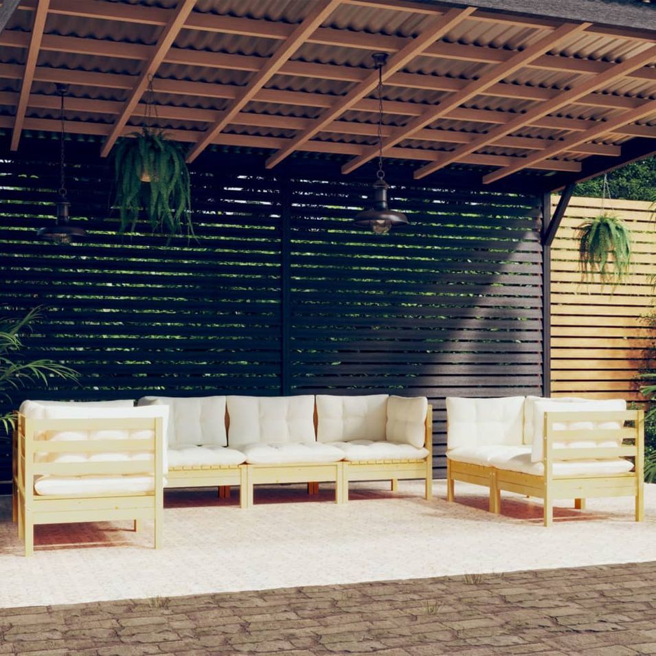 Salon de jardin 7 pcs avec coussins crème Bois de pin massif - Photo n°1