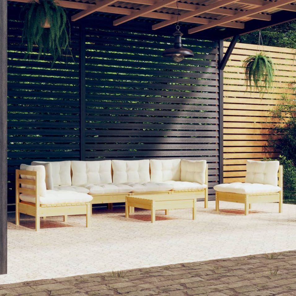 Salon de jardin 7 pcs avec coussins crème bois de pin massif - Photo n°1