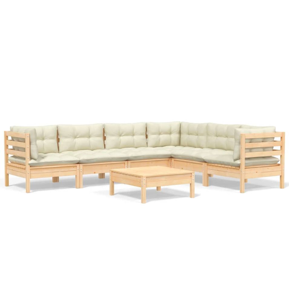 Salon de jardin 7 pcs avec coussins crème Bois de pin solide - Photo n°1