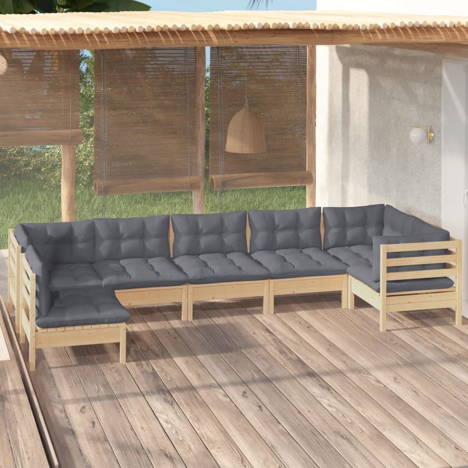 Salon de jardin 7 pcs avec coussins gris Bois de pin 2 - Photo n°1