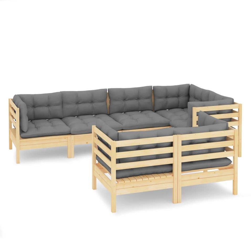 Salon de jardin 7 pcs avec coussins gris Bois de pin massif 3 - Photo n°1