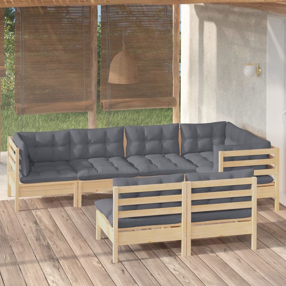 Salon de jardin 7 pcs avec coussins gris Bois de pin massif 2 - Photo n°1