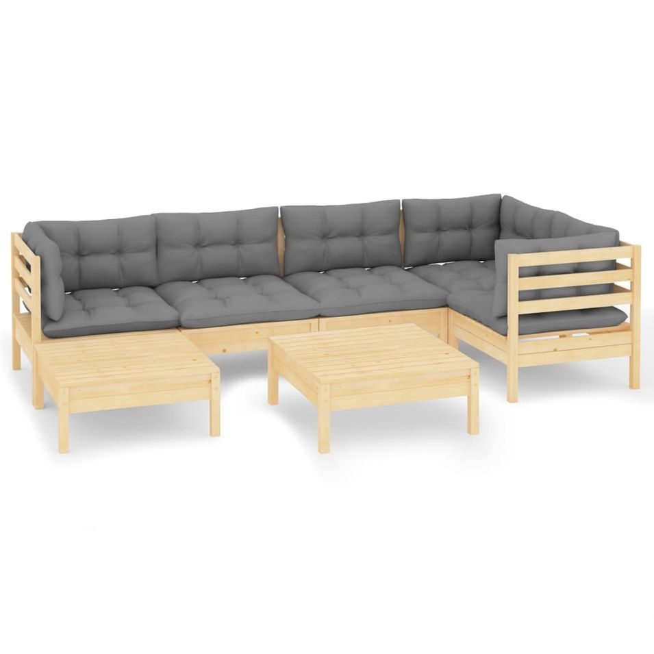 Salon de jardin 7 pcs avec coussins gris Bois de pin massif 5 - Photo n°1