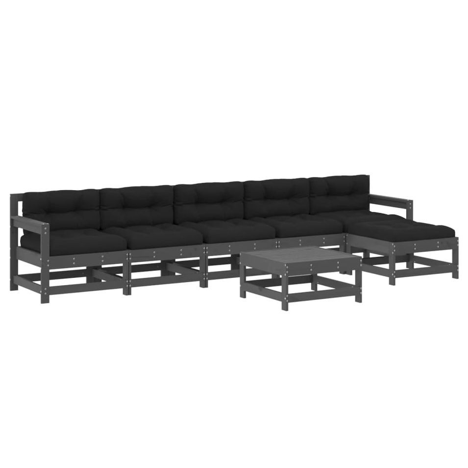 Salon de jardin 7 pcs avec coussins gris bois massif - Photo n°1