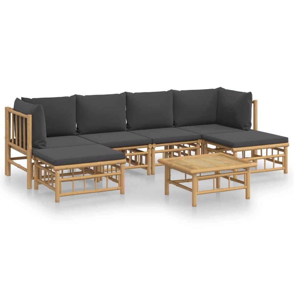 Salon de jardin 7 pcs avec coussins gris foncé bambou - Photo n°1