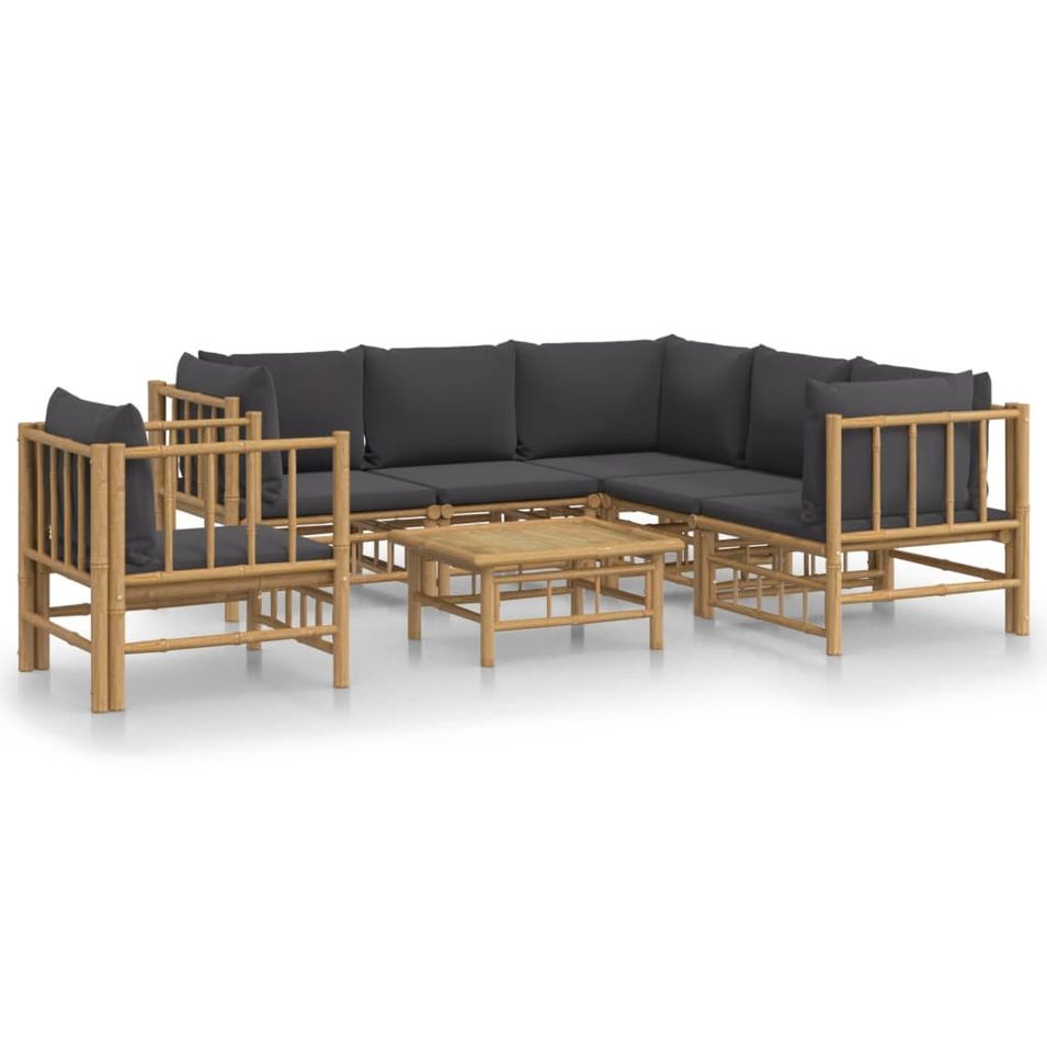 Salon de jardin 7 pcs avec coussins gris foncé bambou - Photo n°1