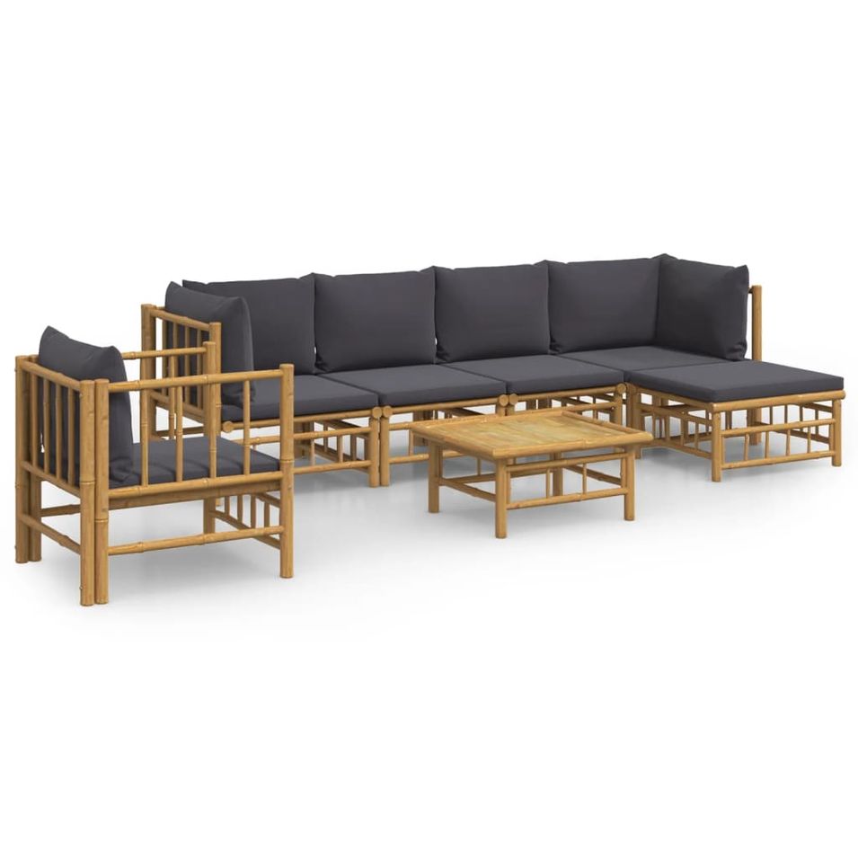 Salon de jardin 7 pcs avec coussins gris foncé bambou - Photo n°1