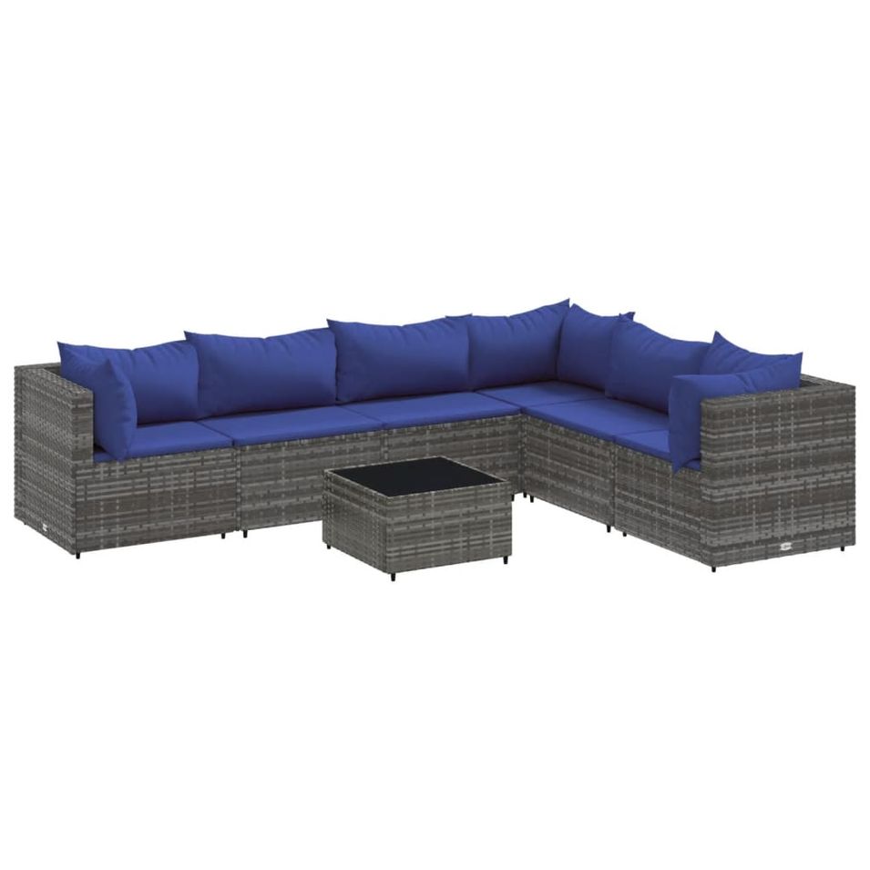 Salon de jardin 7 pcs avec coussins Gris Résine tressée - Photo n°1