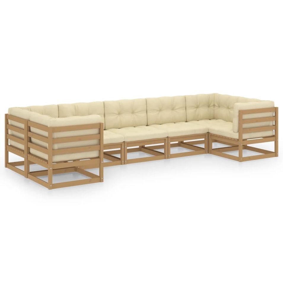 Salon de jardin 7 pcs avec coussins Marron miel Bois de pin 17 - Photo n°1