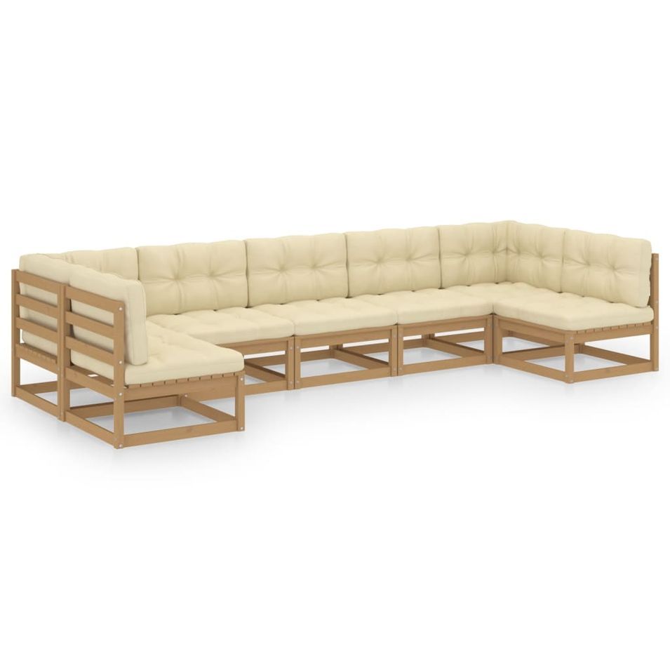 Salon de jardin 7 pcs avec coussins Marron miel Bois de pin 15 - Photo n°1
