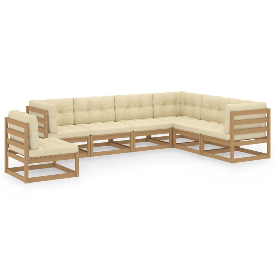 Salon de jardin 7 pcs avec coussins Marron miel Bois de pin 7 - Photo n°1