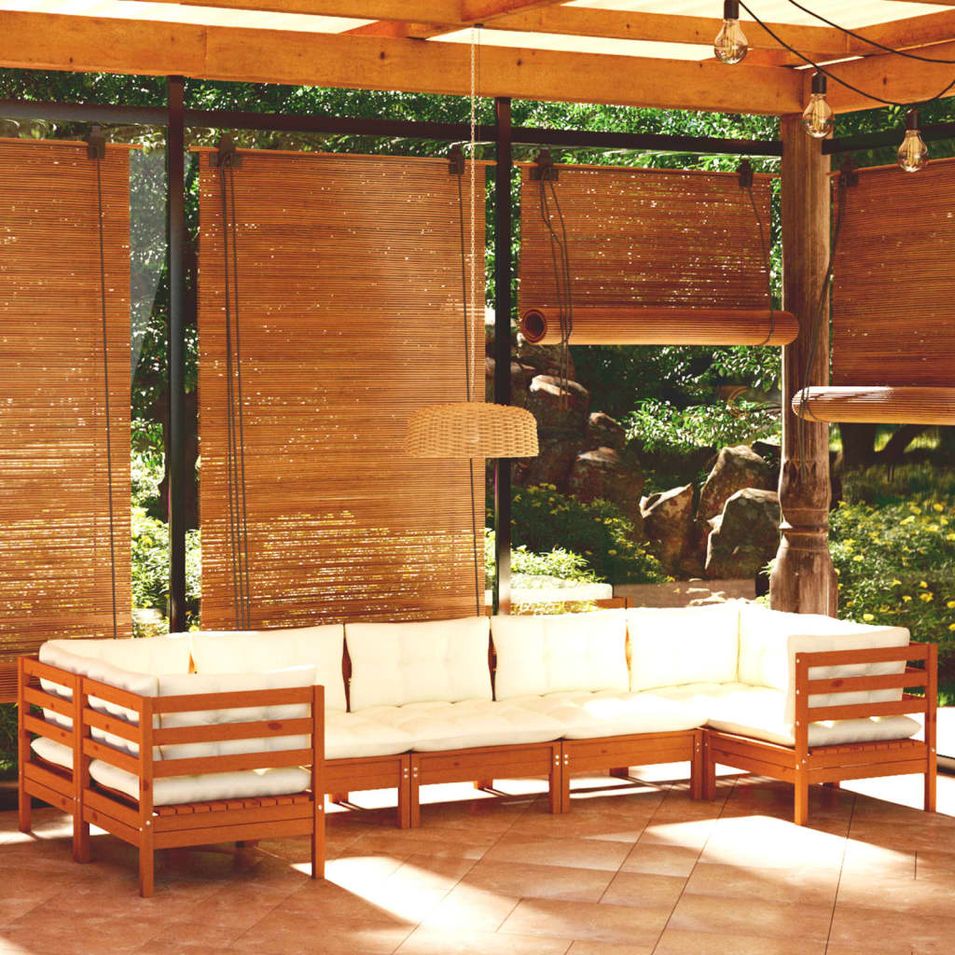 Salon de jardin 7 pcs avec coussins Marron miel Bois de pin - Photo n°1