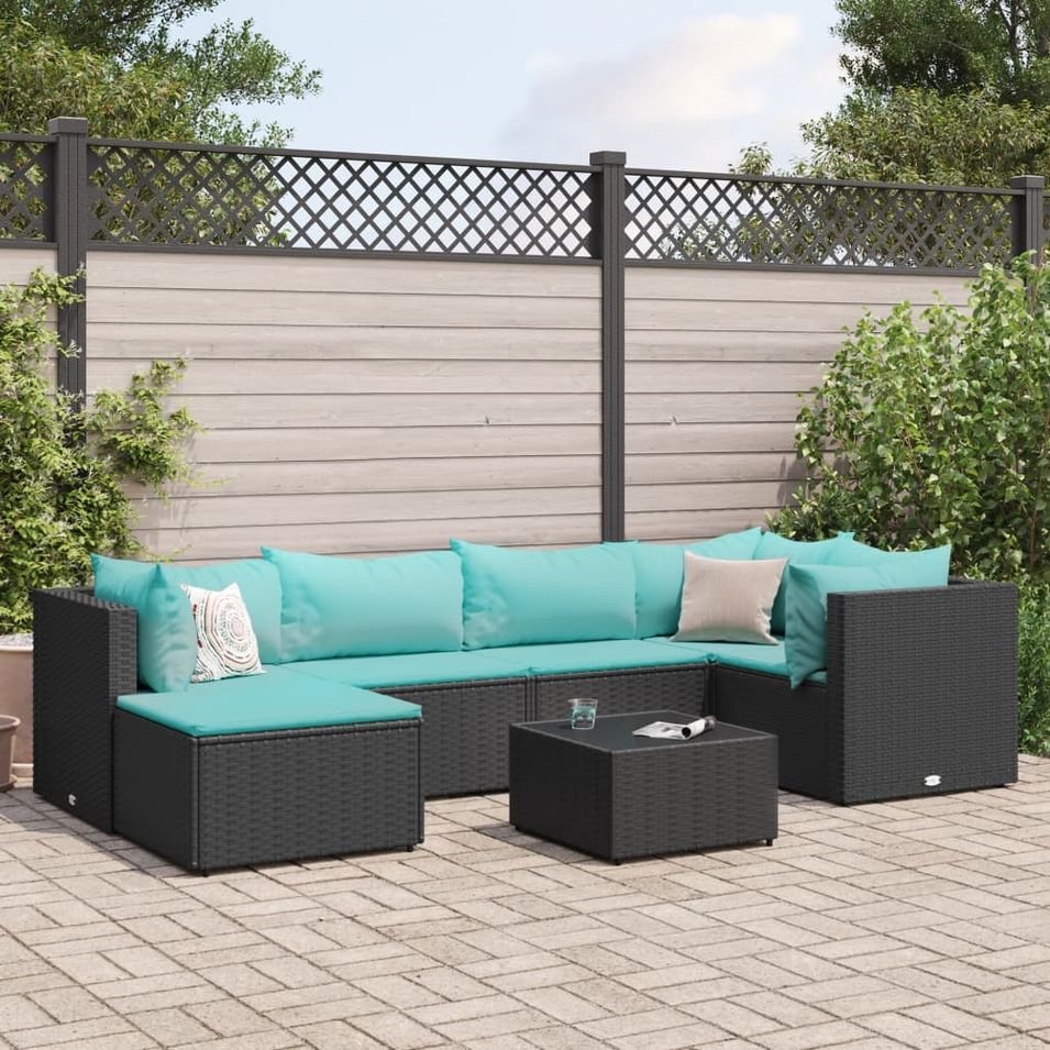 Salon de jardin 7 pcs avec coussins Noir Résine tressée - Photo n°1