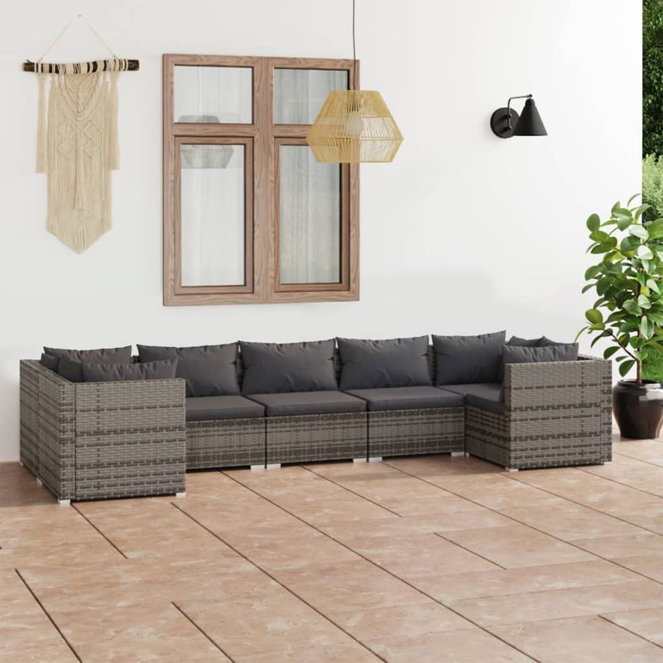 Salon de jardin 7 pcs avec coussins Résine tressée Gris - Photo n°1