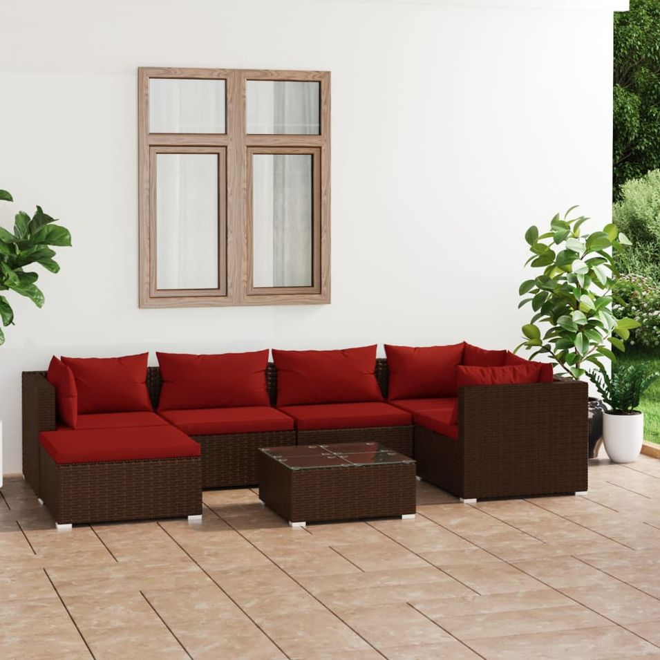 Salon de jardin 7 pcs avec coussins Résine tressée Marron - Photo n°1