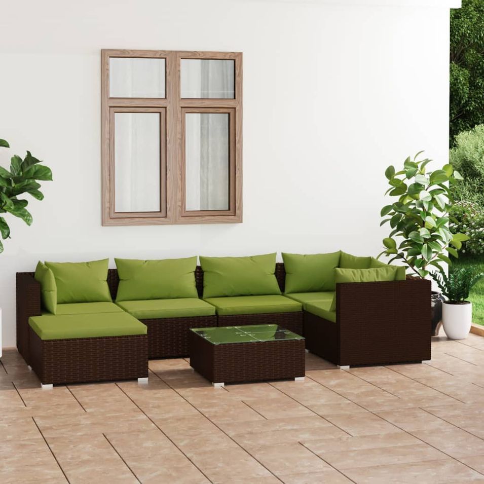 Salon de jardin 7 pcs avec coussins Résine tressée Marron - Photo n°1