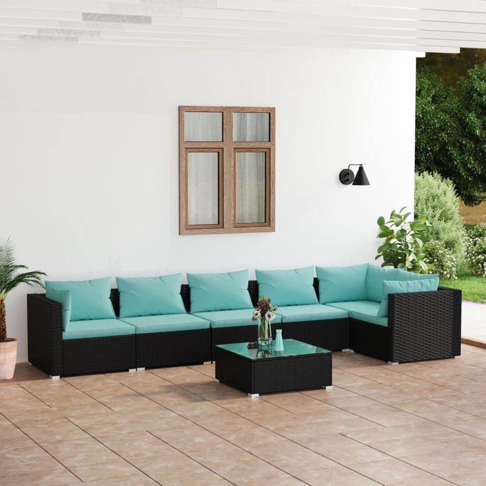 Salon de jardin 7 pcs avec coussins Résine tressée Noir - Photo n°1