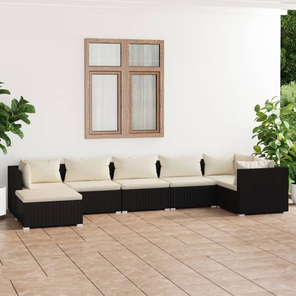 Salon de jardin 7 pcs avec coussins Résine tressée Noir - Photo n°1