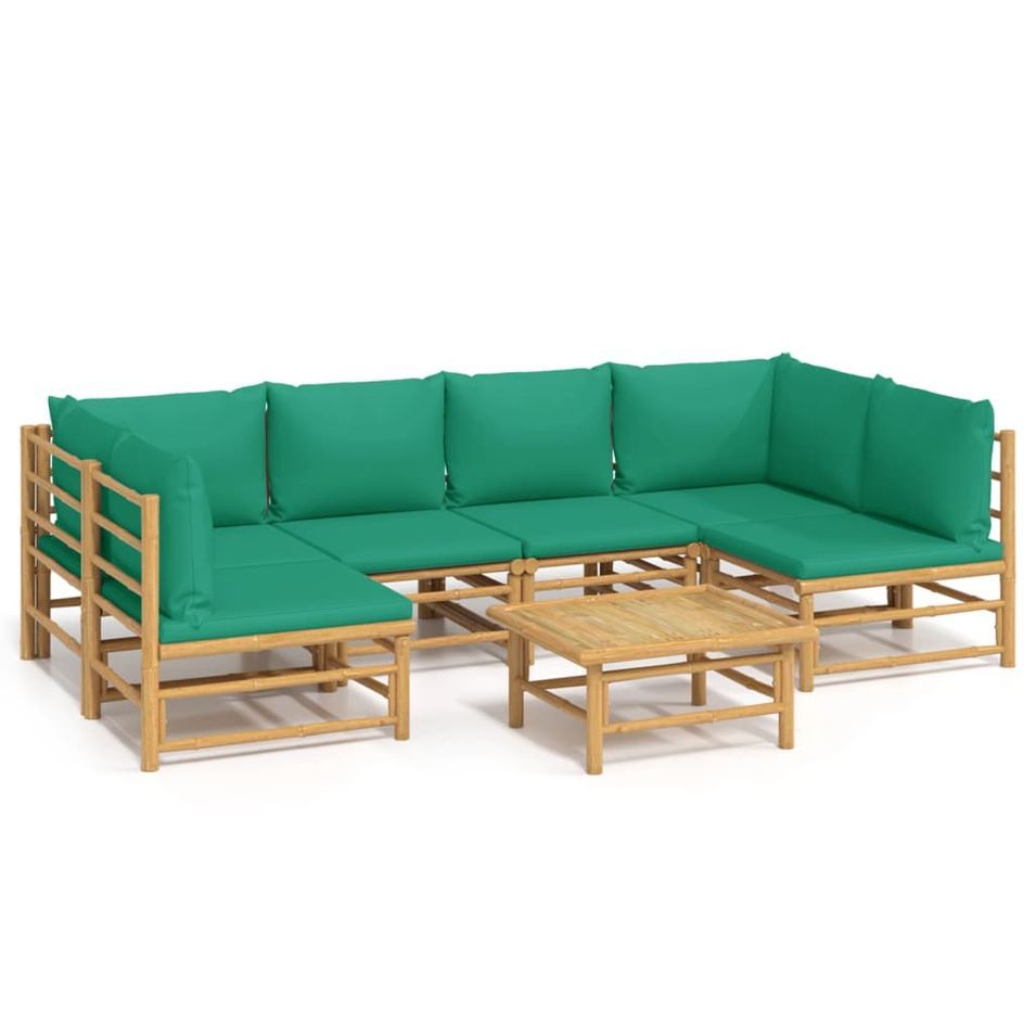 Salon de jardin 7 pcs avec coussins vert bambou - Photo n°1