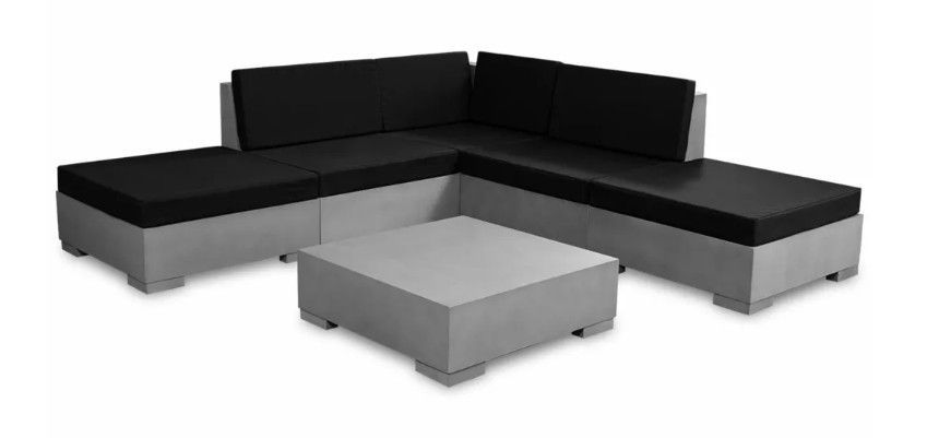 Salon de jardin 7 pièces béton gris et coussins noir Nouria - Photo n°1