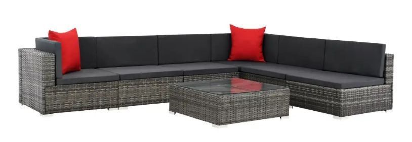 Salon de jardin 7 pièces résine tressée gris et coussins gris foncé et rouge Blanca - Photo n°1