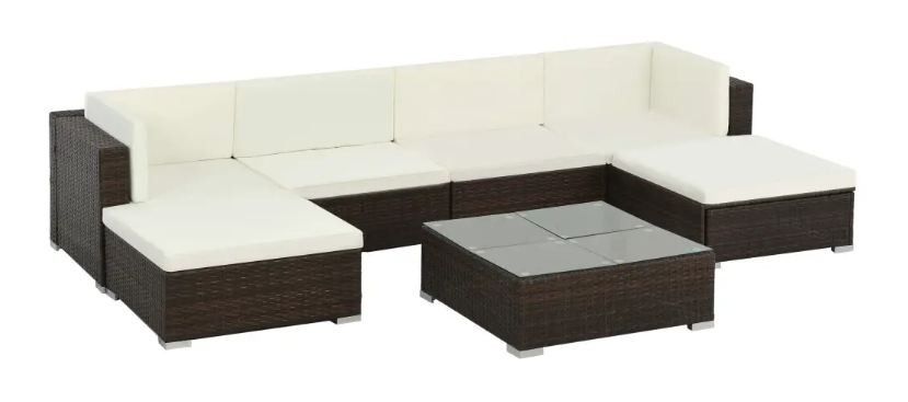 Salon de jardin 7 pièces résine tressée marron et coussins blanc Blanca - Photo n°1