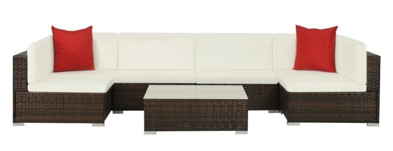 Salon de jardin 7 pièces résine tressée marron et coussins blanc et rouge Blanca - Photo n°1