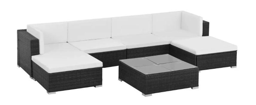 Salon de jardin 7 pièces résine tressée noir et coussins blanc Blanca - Photo n°1