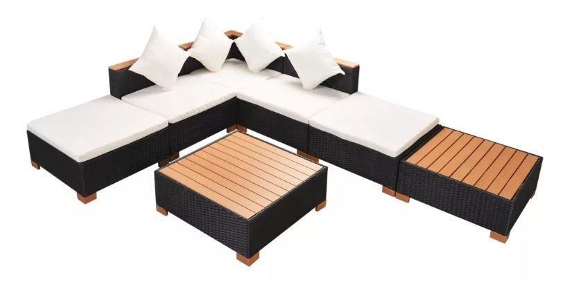 Salon de jardin 7 pièces résine tressée noir et coussins blanc Kimberly 3 - Photo n°1