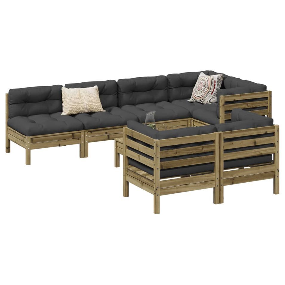 Salon de jardin 8 pcs avec coussins bois de pin imprégné - Photo n°1