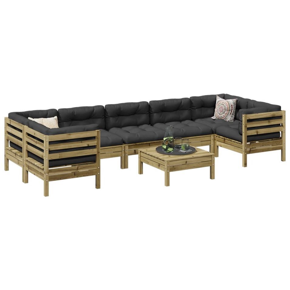 Salon de jardin 8 pcs avec coussins bois de pin imprégné - Photo n°1