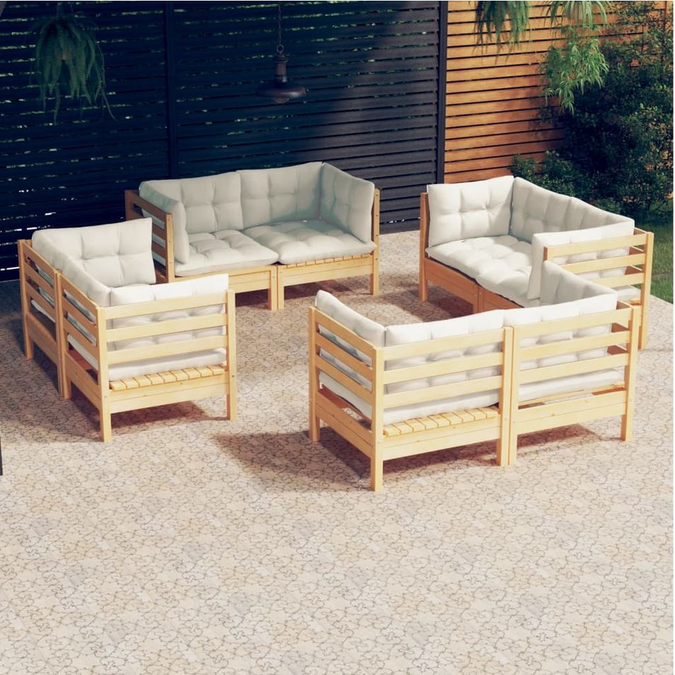 Salon de jardin 8 pcs avec coussins crème Bois de pin - Photo n°1