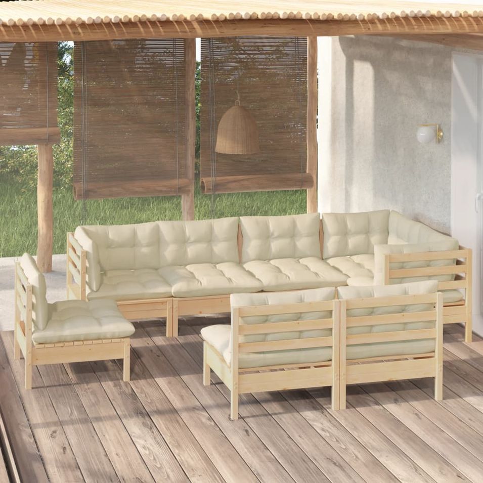 Salon de jardin 8 pcs avec coussins crème Bois de pin massif - Photo n°1