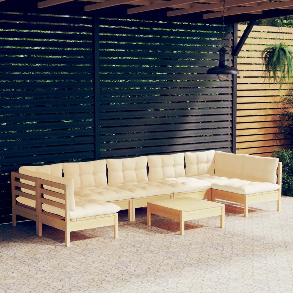 Salon de jardin 8 pcs avec coussins crème Bois de pin massif - Photo n°1
