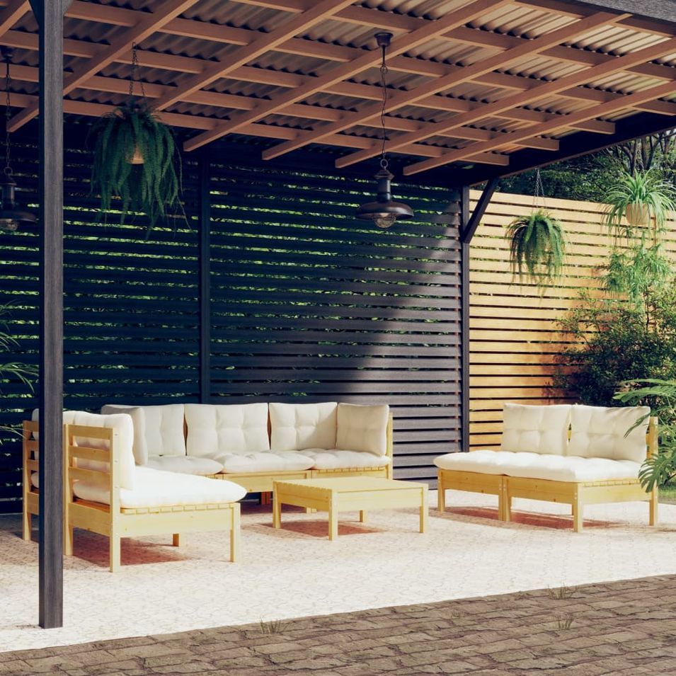 Salon de jardin 8 pcs avec coussins crème Bois de pin massif - Photo n°1