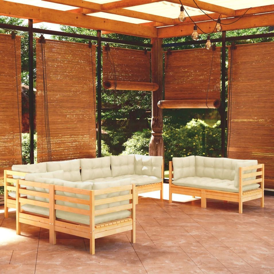 Salon de jardin 8 pcs avec coussins crème Bois de pin massif - Photo n°1