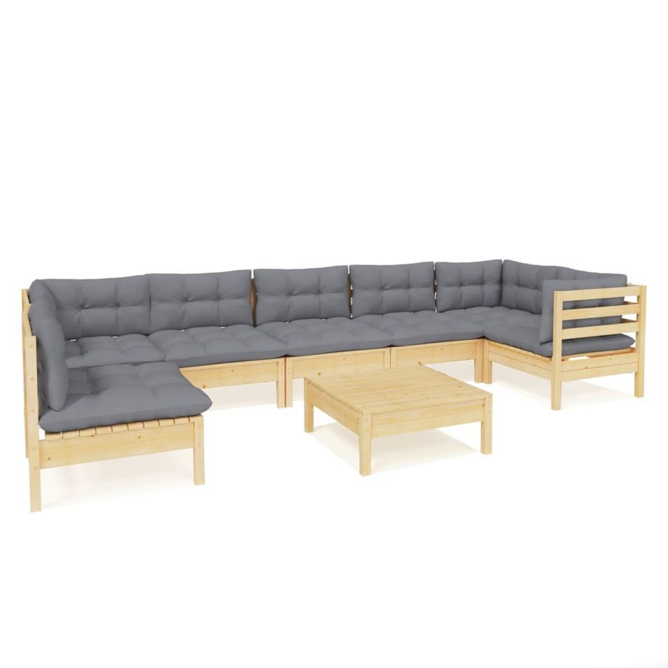 Salon de jardin 8 pcs avec coussins gris Bois de pin 3 - Photo n°1