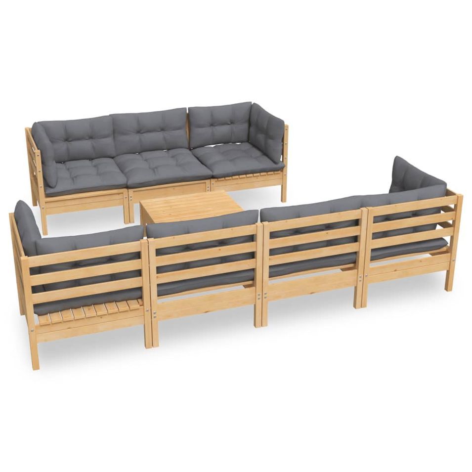 Salon de jardin 8 pcs avec coussins gris Bois de pin massif - Photo n°1