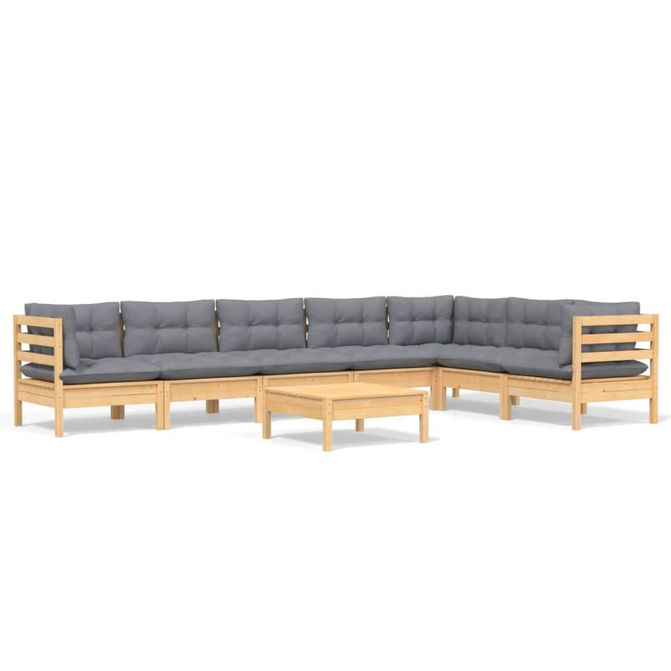 Salon de jardin 8 pcs avec coussins gris Bois de pin solide 5 - Photo n°1